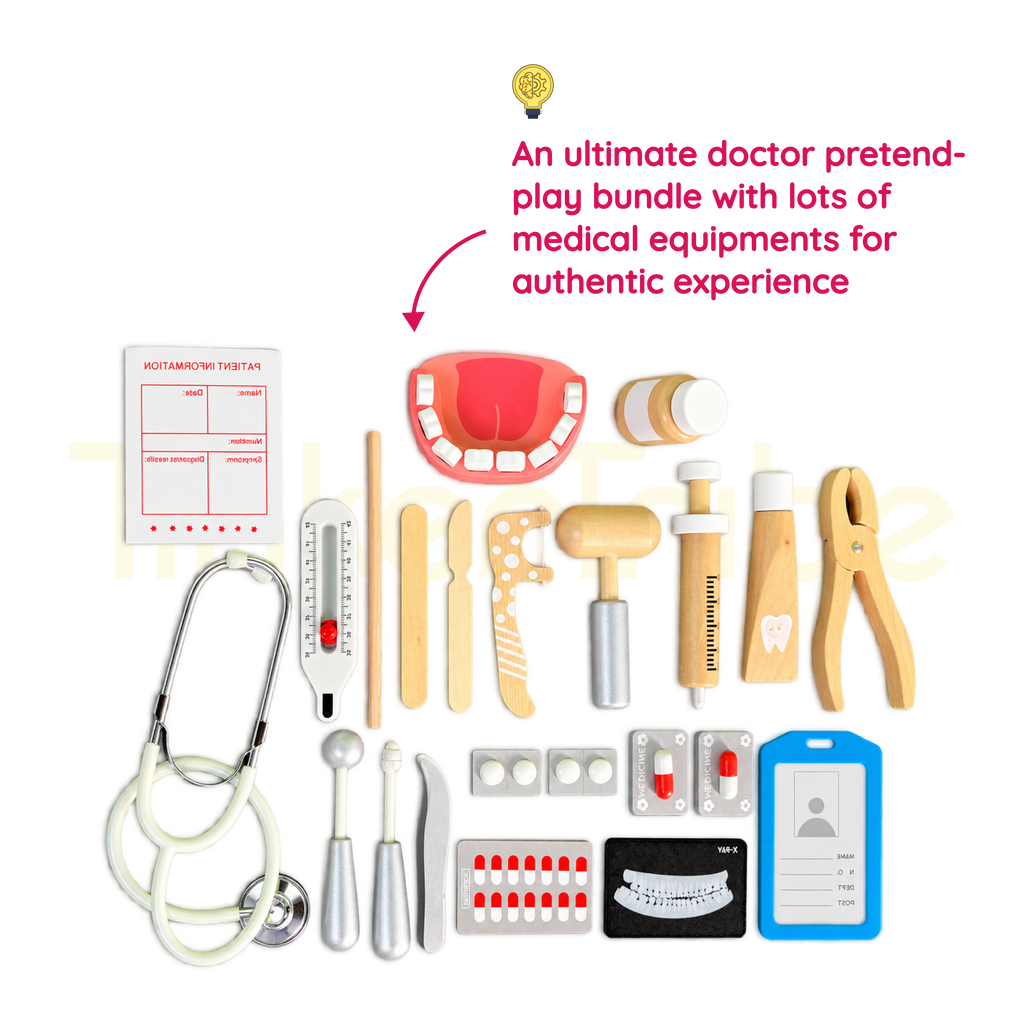 Wooden doctor toy tools, dental accessories and pretend patient paperwork