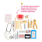 Wooden doctor toy tools, dental accessories and pretend patient paperwork
