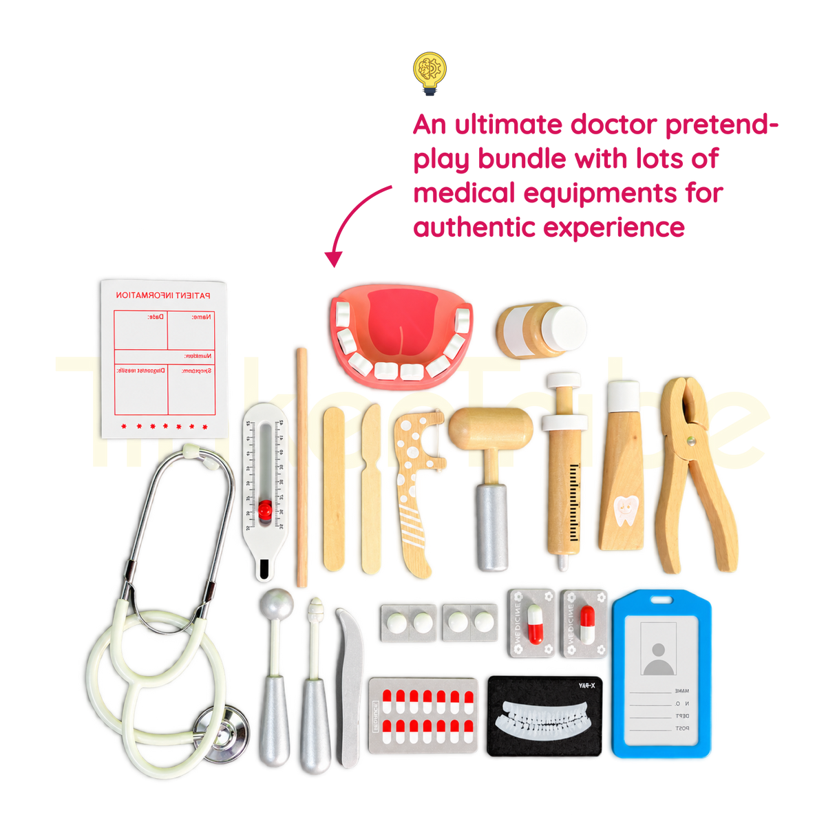 Wooden doctor toy tools, dental accessories and pretend patient paperwork