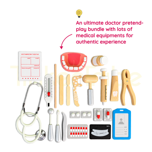 Wooden doctor toy tools, dental accessories and pretend patient paperwork