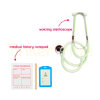 Toy stethoscope, patient notepad, pencil and pretend doctor badge