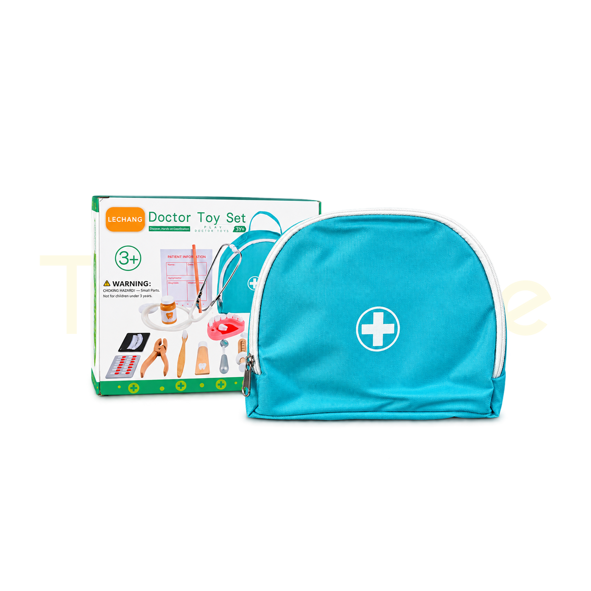 Blue storage backpack and wooden doctor toy set packaging