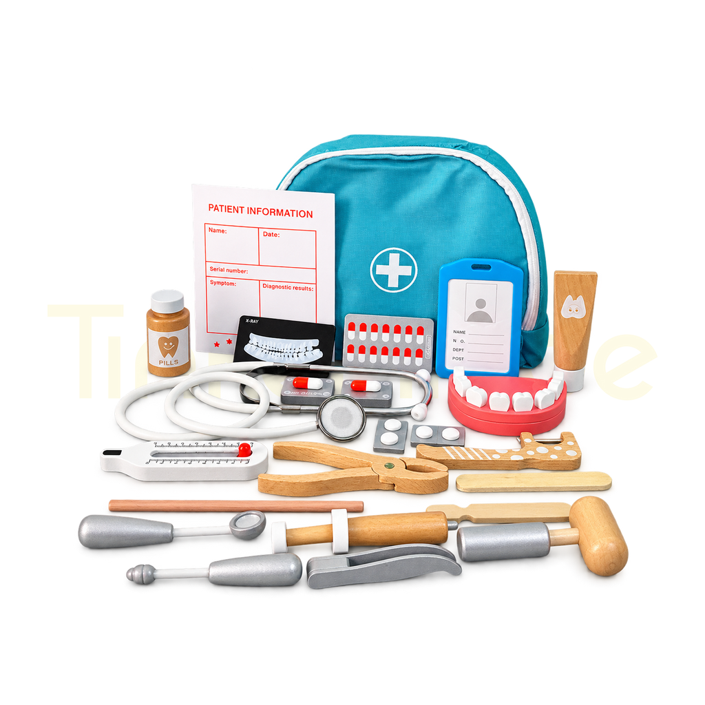 24-piece wooden doctor and dentist toy set with blue backpack