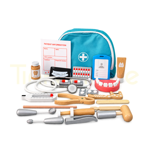 24-piece wooden doctor and dentist toy set with blue backpack