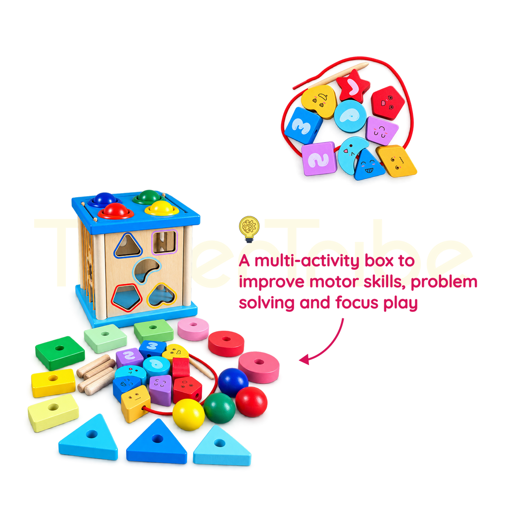 Wooden activity cube with shapes, stacking pieces, lacing cord and balls