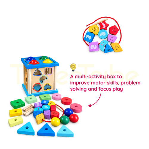 Wooden activity cube with shapes, stacking pieces, lacing cord and balls