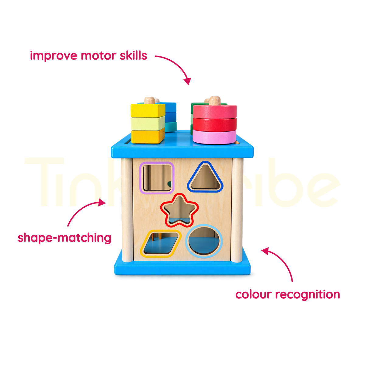 Colourful shapes stacked on the wooden activity cube pegs