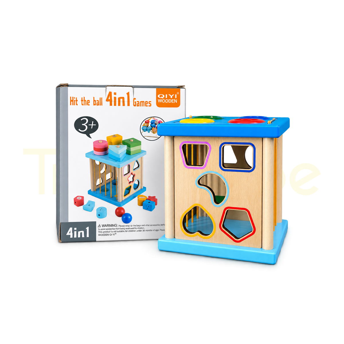 4-in-1 wooden ball game in its product packaging
