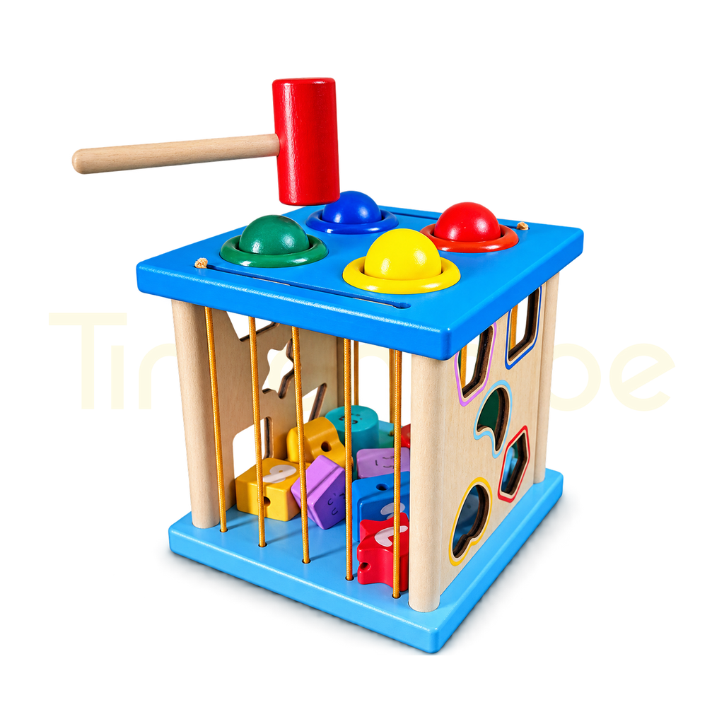 4-in-1 wooden ball pounding activity cube with colourful balls and hammer