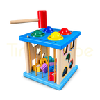 4-in-1 wooden ball pounding activity cube with colourful balls and hammer
