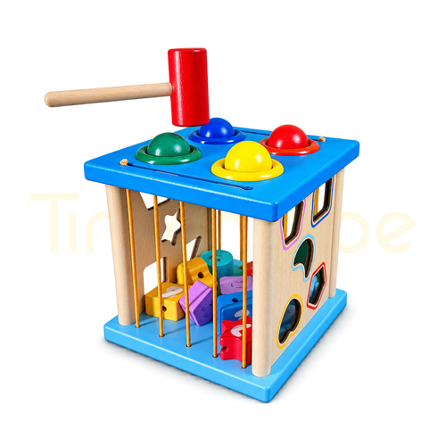 4-in-1 wooden ball pounding activity cube with colourful balls and hammer