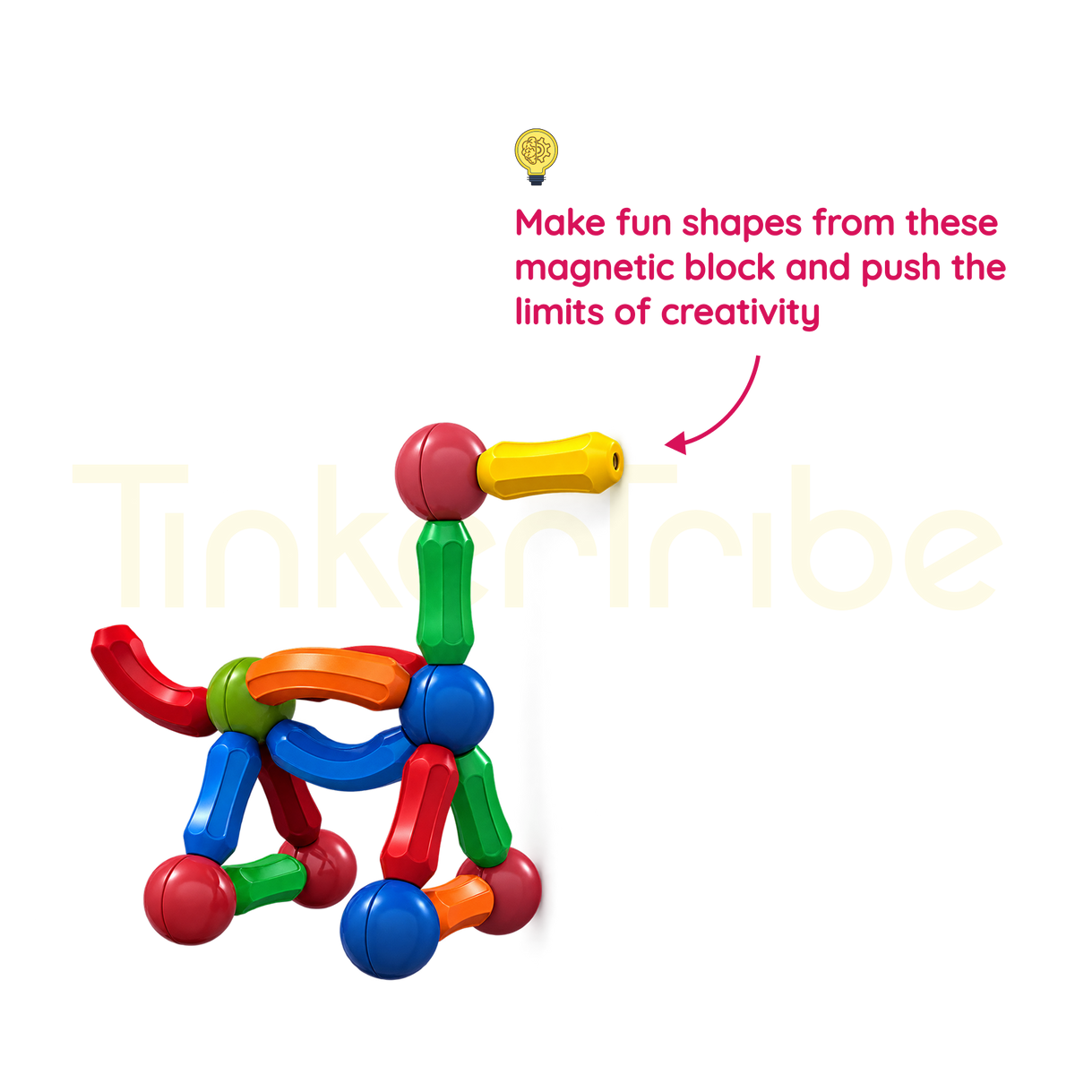 Animal-inspired model built with colourful magnetic bars and ball connectors