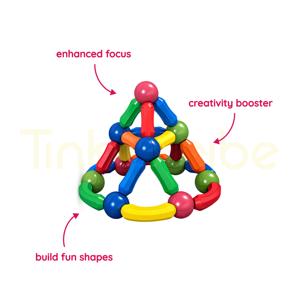 Three-dimensional tower built with magnetic bars and ball connectors