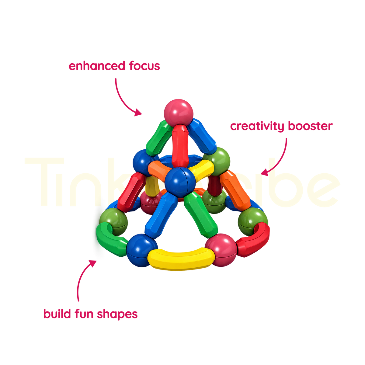 Three-dimensional tower built with magnetic bars and ball connectors