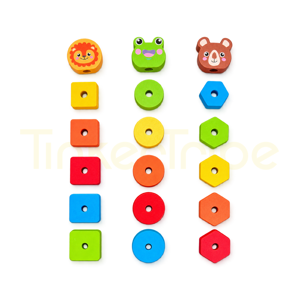 Colourful wooden square circle and hexagon blocks with animal toppers