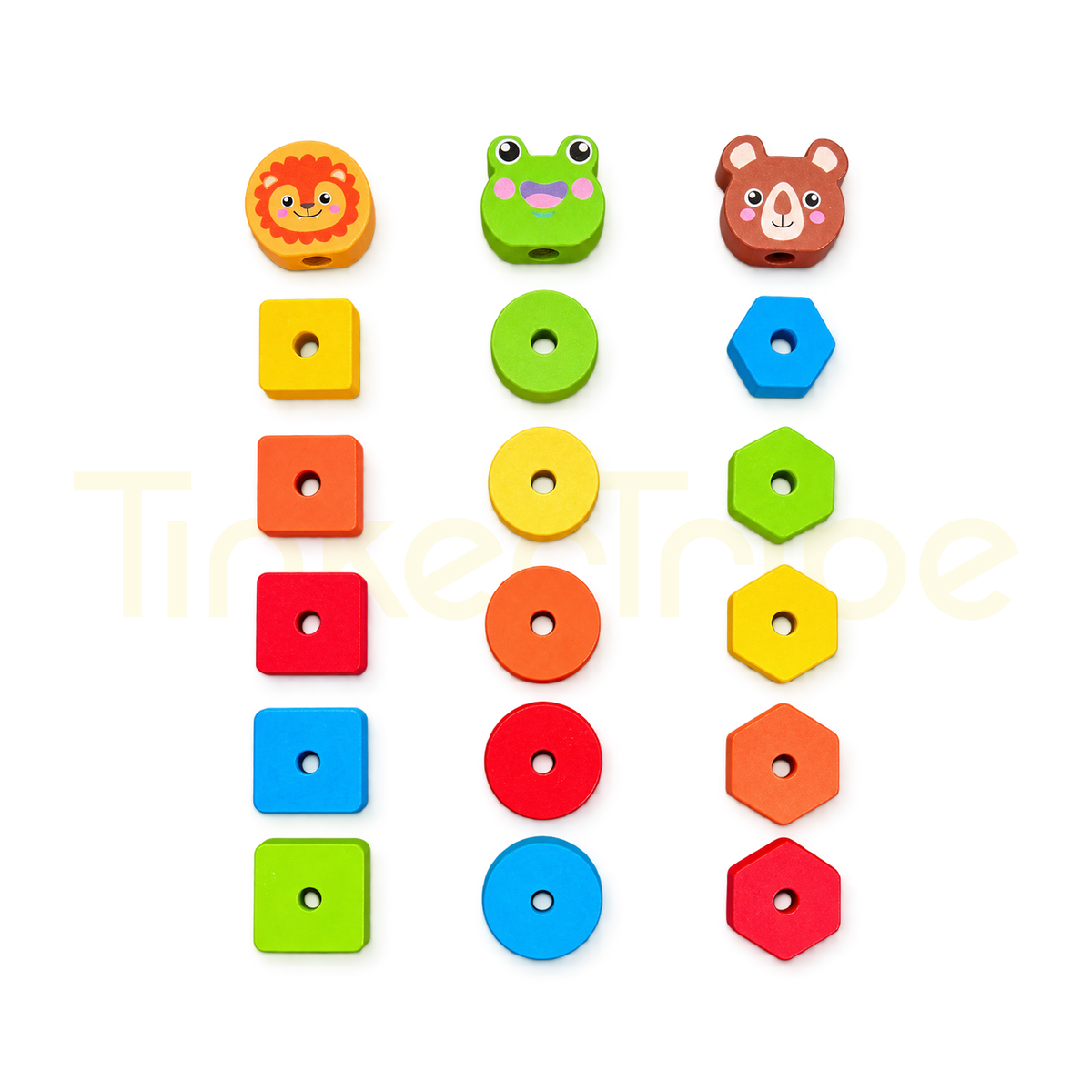Colourful wooden square circle and hexagon blocks with animal toppers