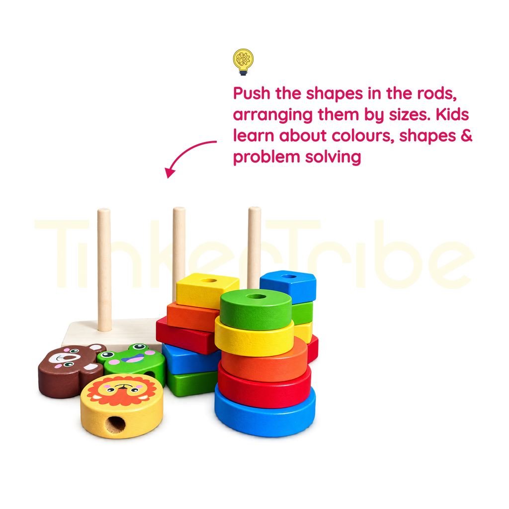 Animal Shaped Tower pieces arranged by shape colour and size on three rods