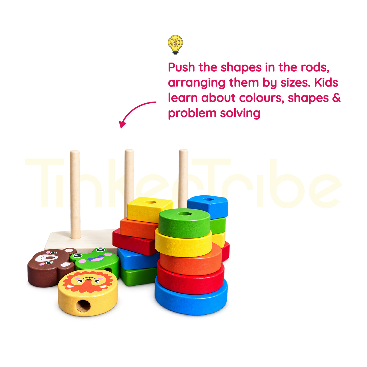 Animal Shaped Tower pieces arranged by shape colour and size on three rods