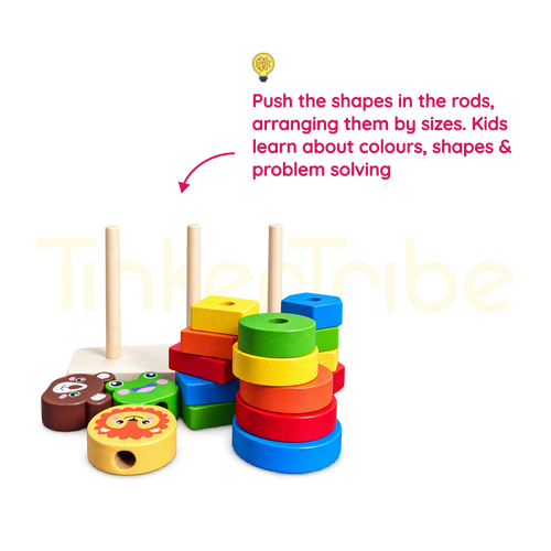 Animal Shaped Tower pieces arranged by shape colour and size on three rods