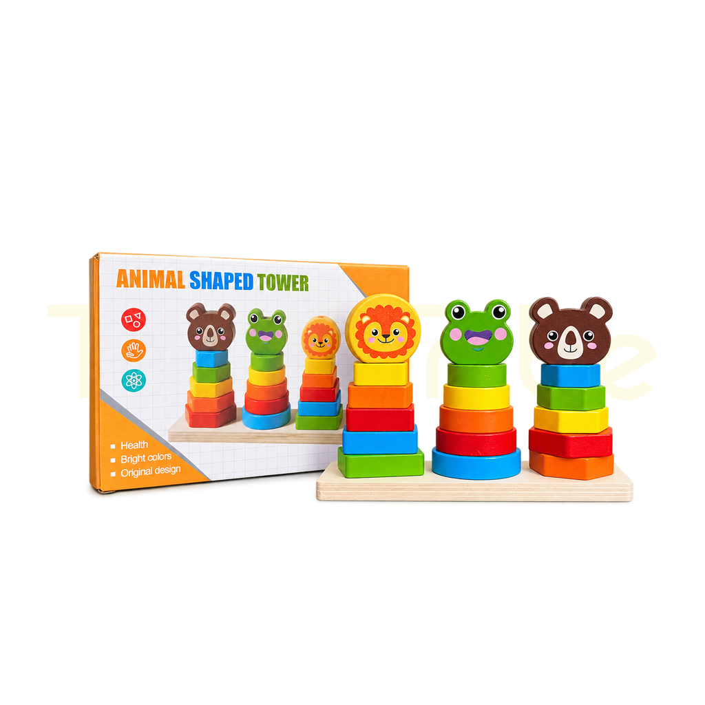 Animal Shaped Tower wooden stacking and shape sorting toy with packaging