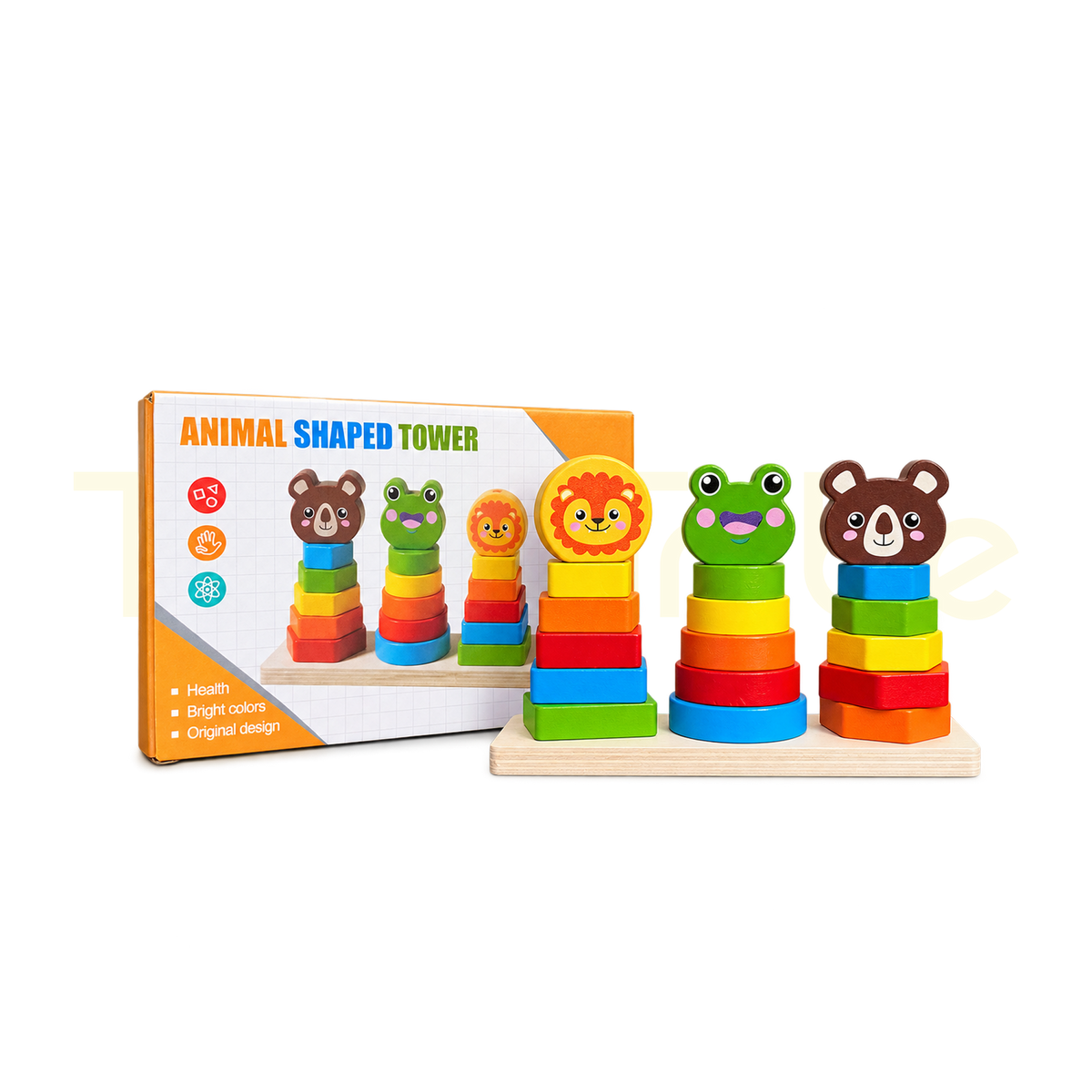 Animal Shaped Tower wooden stacking and shape sorting toy with packaging