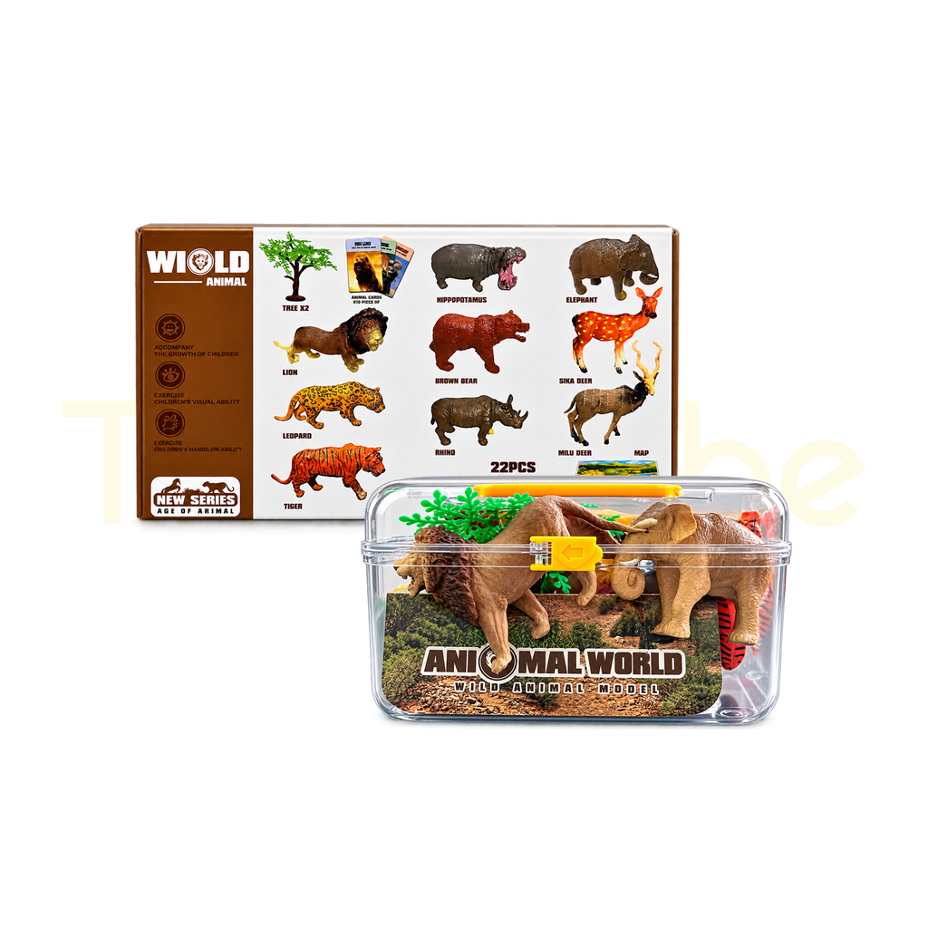 Animal World 22-piece set with animal figures, trees, cards, map and storage box
