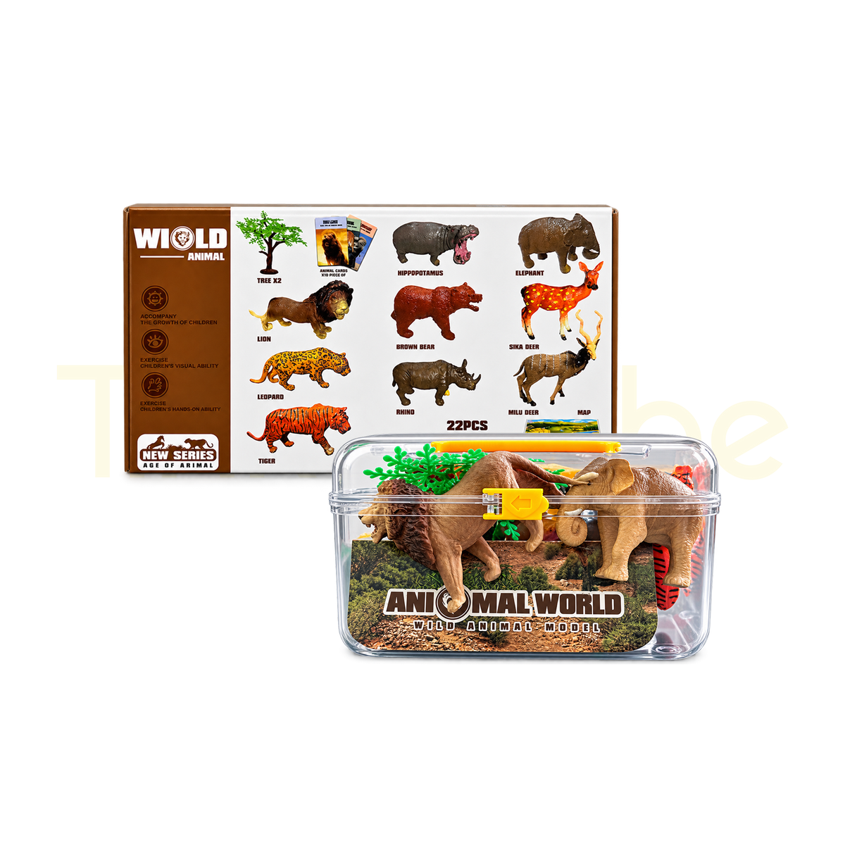 Animal World 22-piece set with animal figures, trees, cards, map and storage box