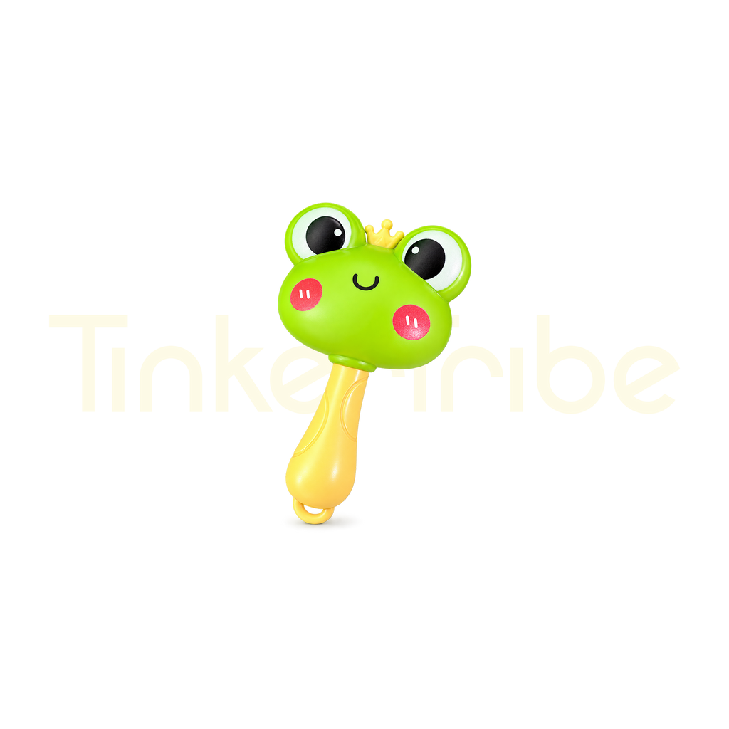 Green cartoon frog baby rattle with a bright yellow handle