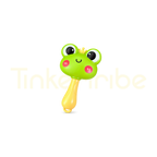 Green cartoon frog baby rattle with a bright yellow handle