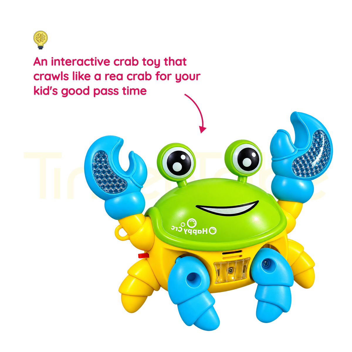 Moving crab toy showing its bright body and playful character