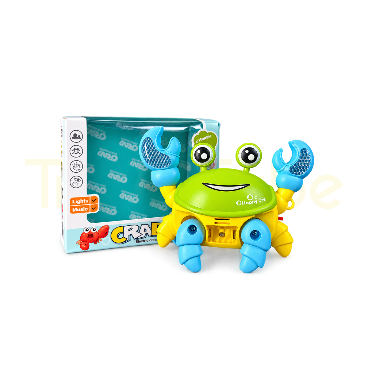 Crawling crab toy packaging showing light and music features