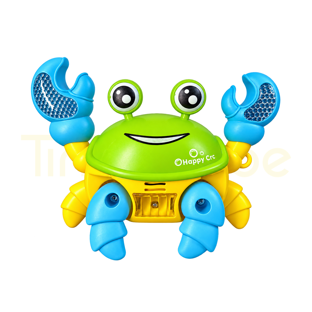 Colourful green crawling crab toy with raised blue claws