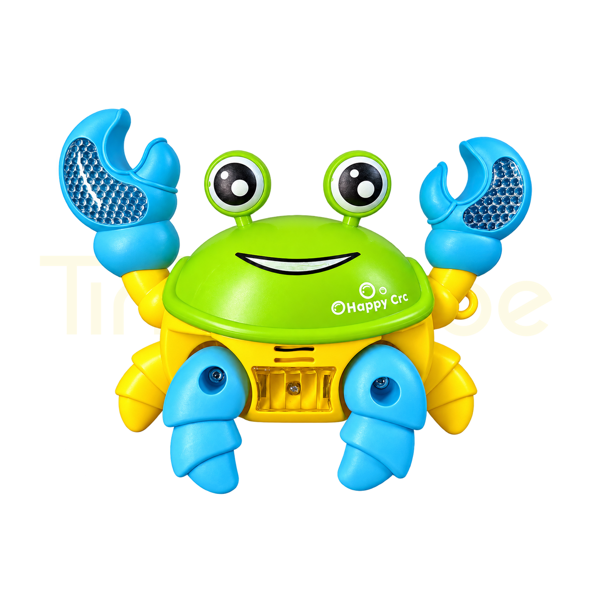 Colourful green crawling crab toy with raised blue claws