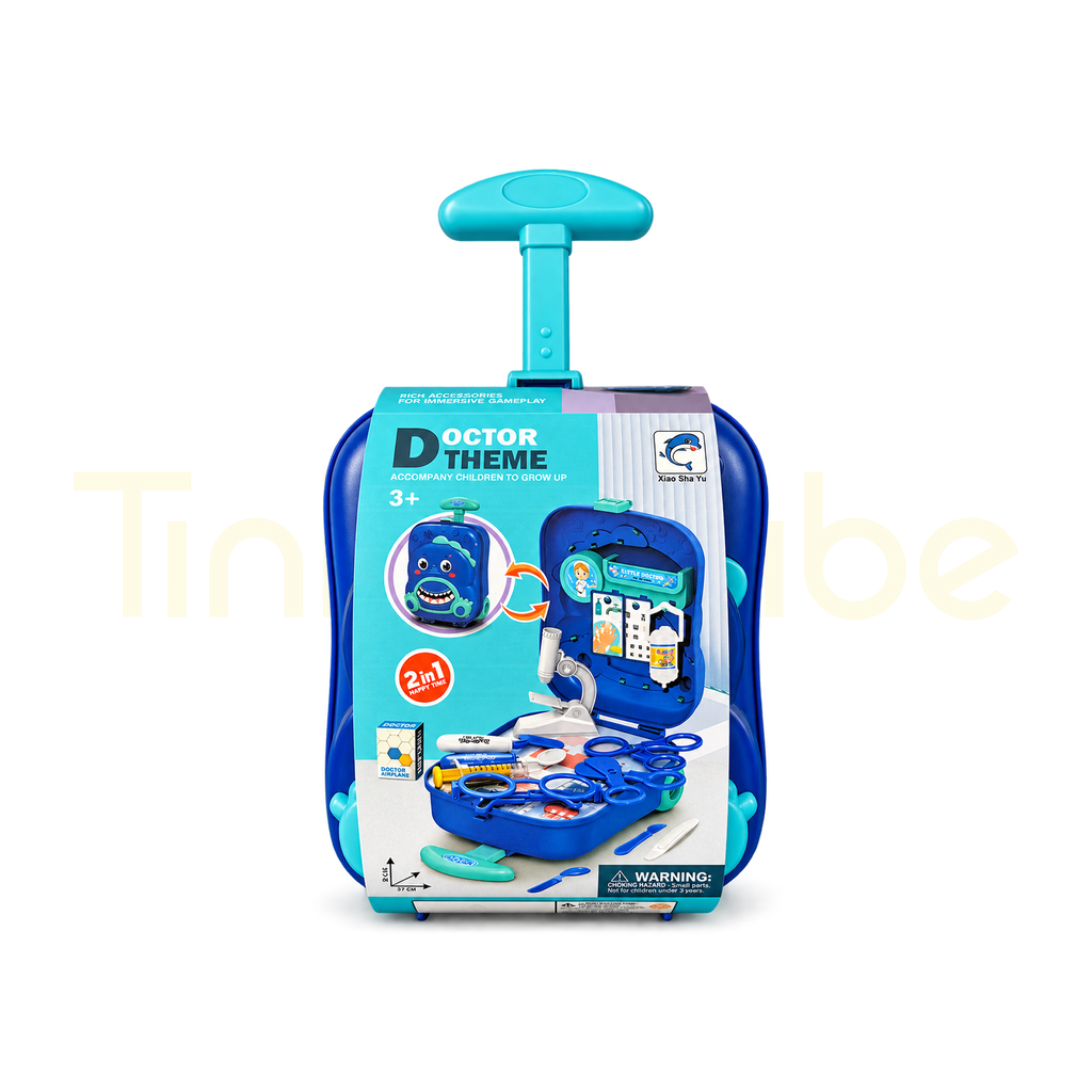 Closed wheeled doctor toy case with extendable handle beside its packaging