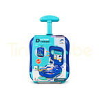 Closed wheeled doctor toy case with extendable handle beside its packaging