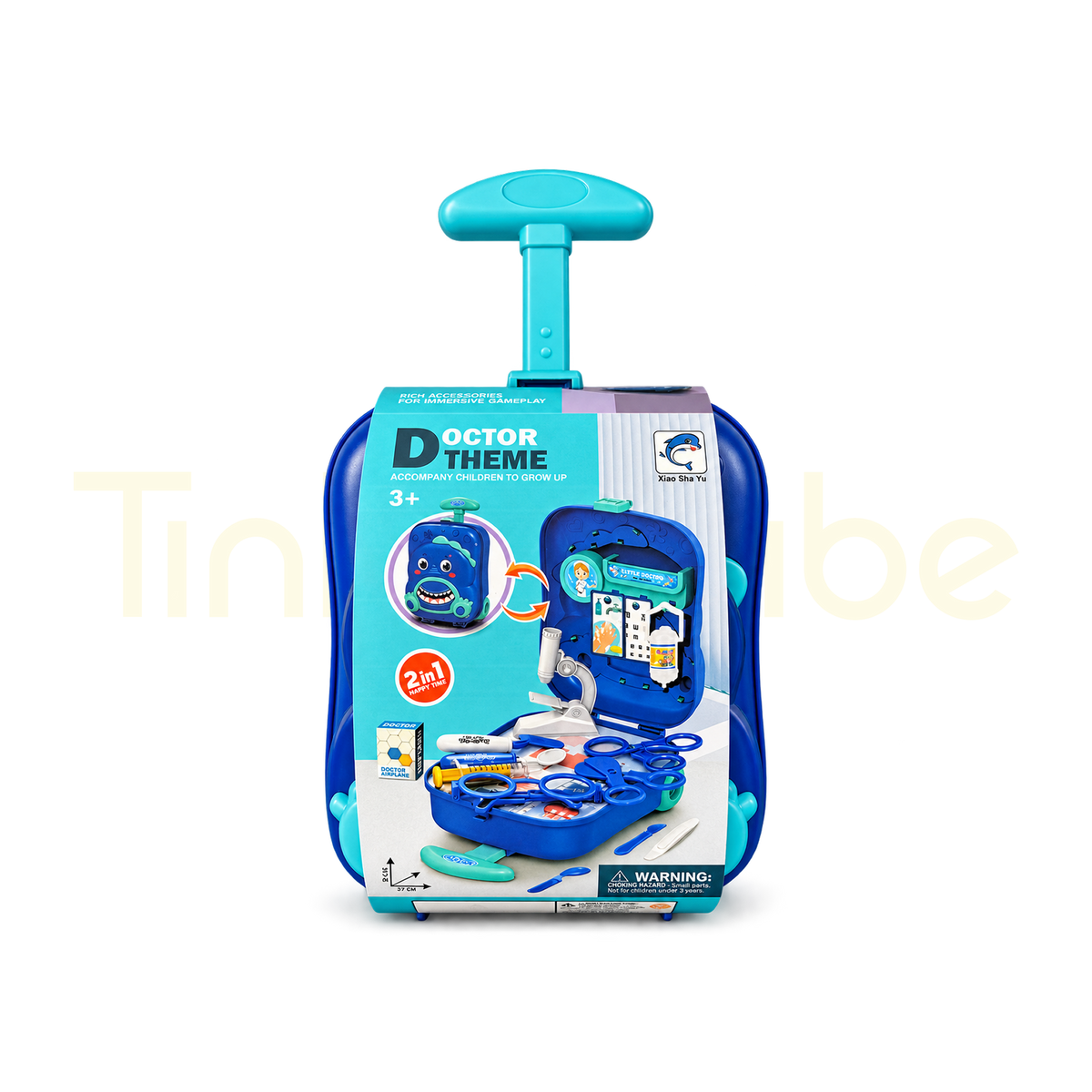 Closed wheeled doctor toy case with extendable handle beside its packaging