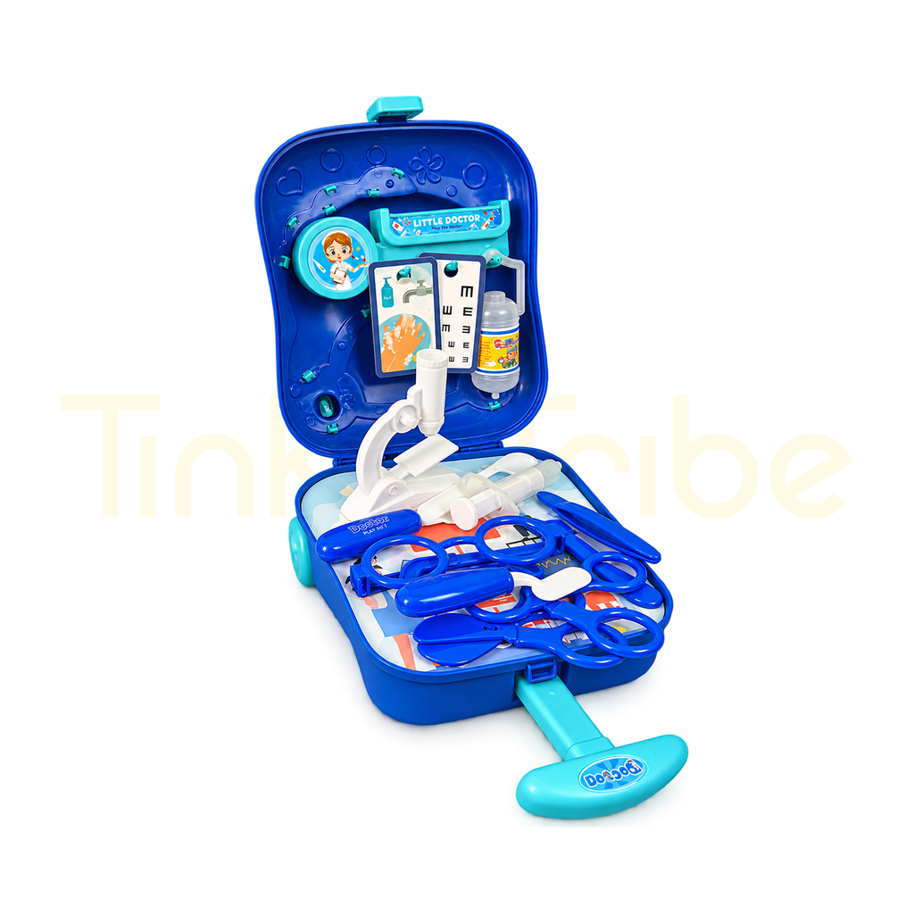Open doctor pretend play trolley case with toy medical tools and picture cards