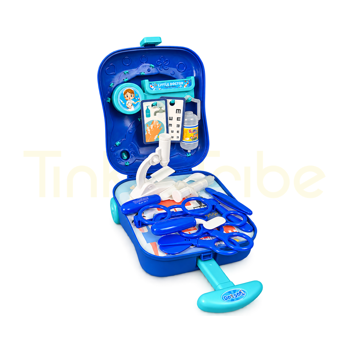 Open doctor pretend play trolley case with toy medical tools and picture cards