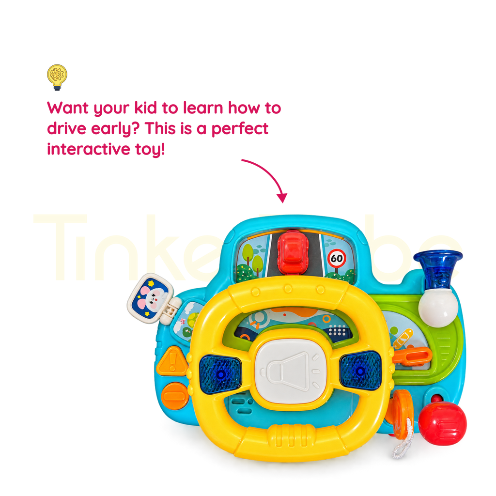 Interactive driving console with steering wheel and gear