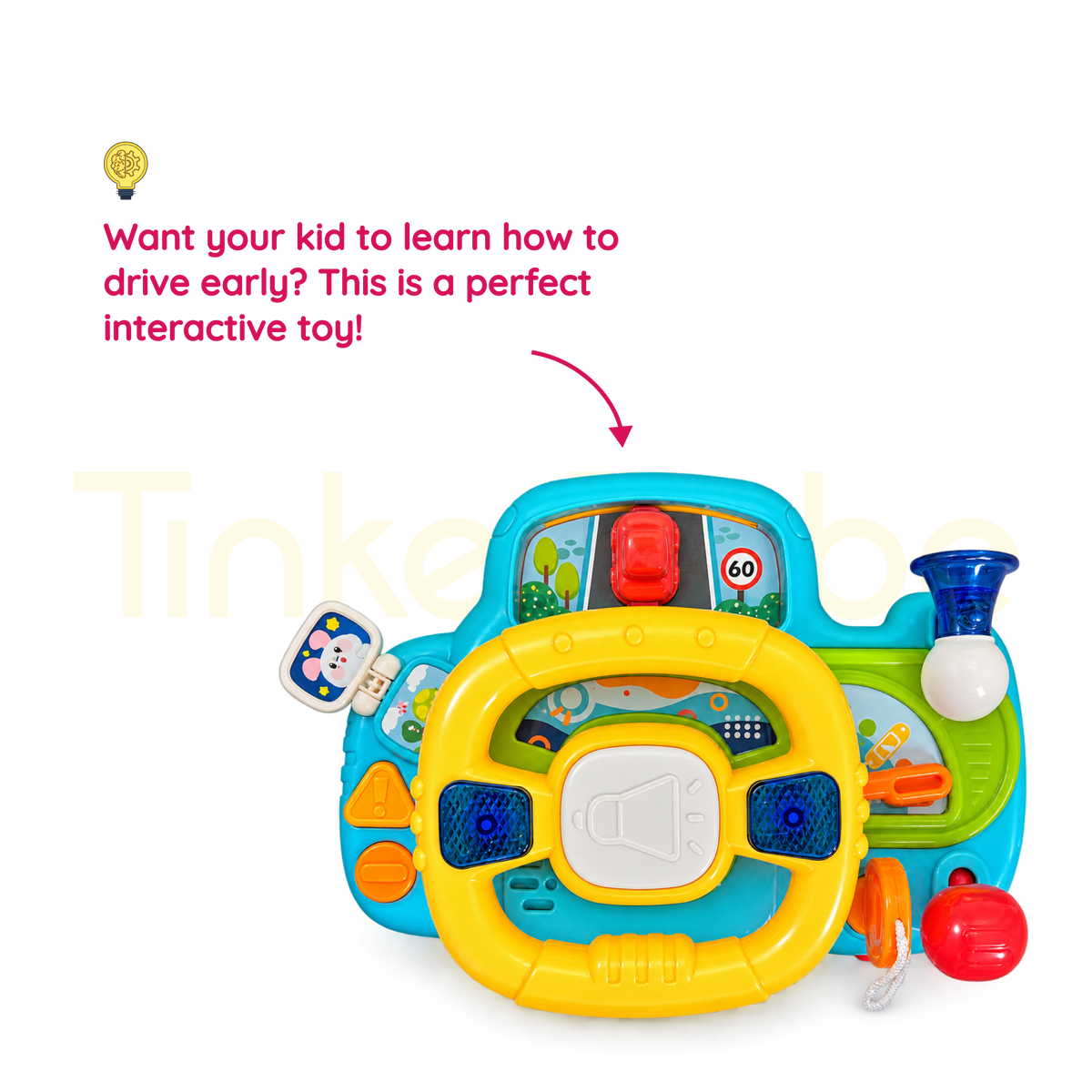 Interactive driving console with steering wheel and gear