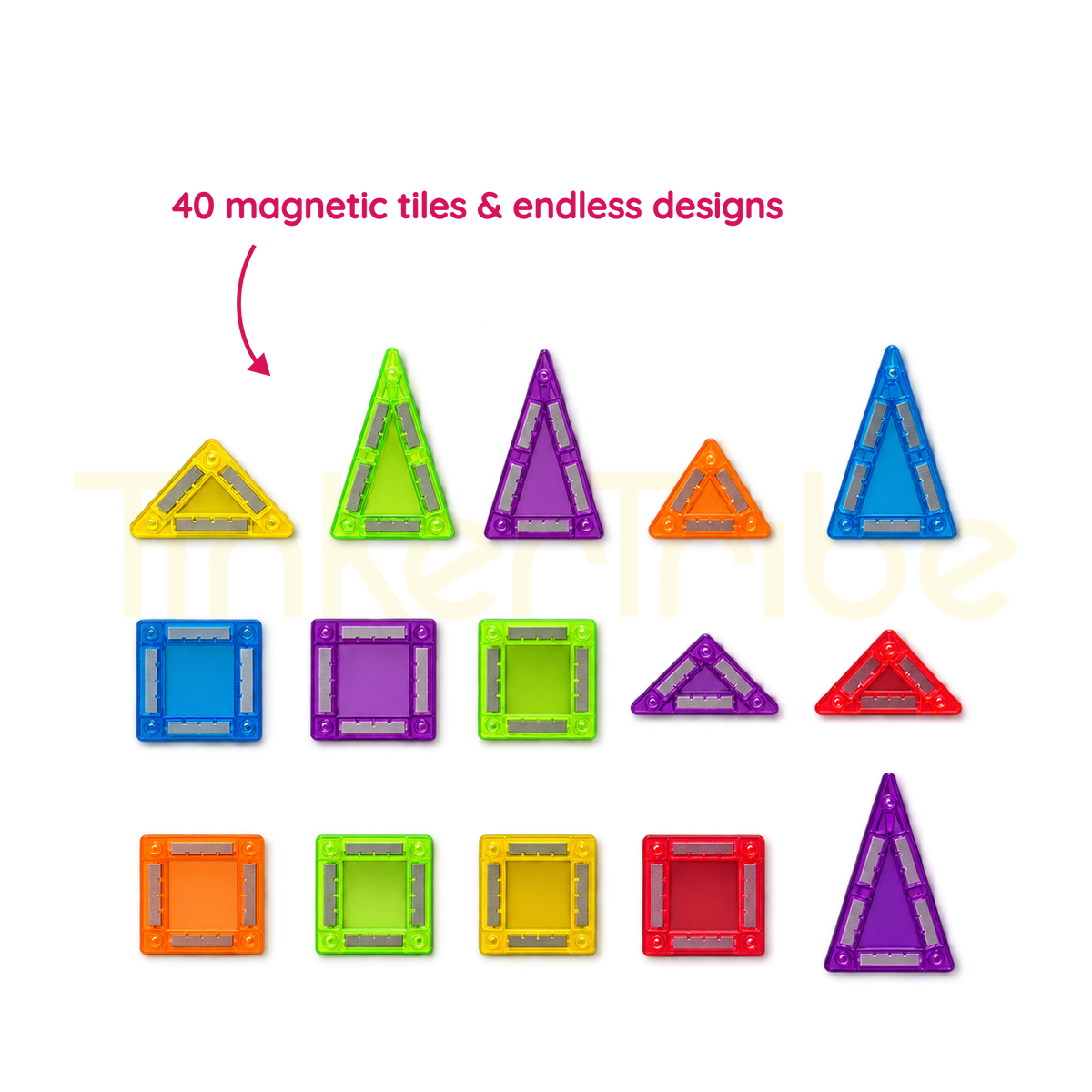 Colourful square and triangle magnetic tiles from the 40-piece set