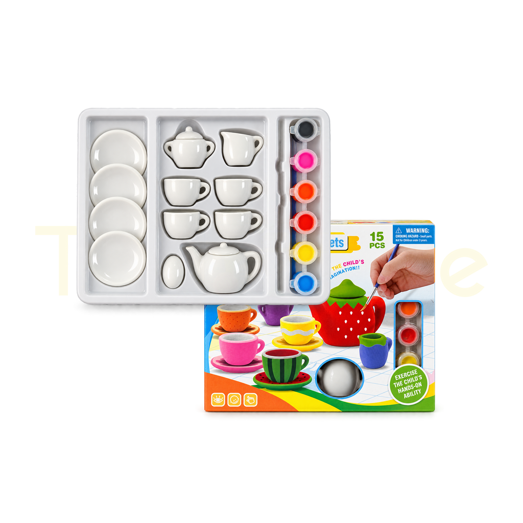Ceramic tea set colouring kit in its product packaging