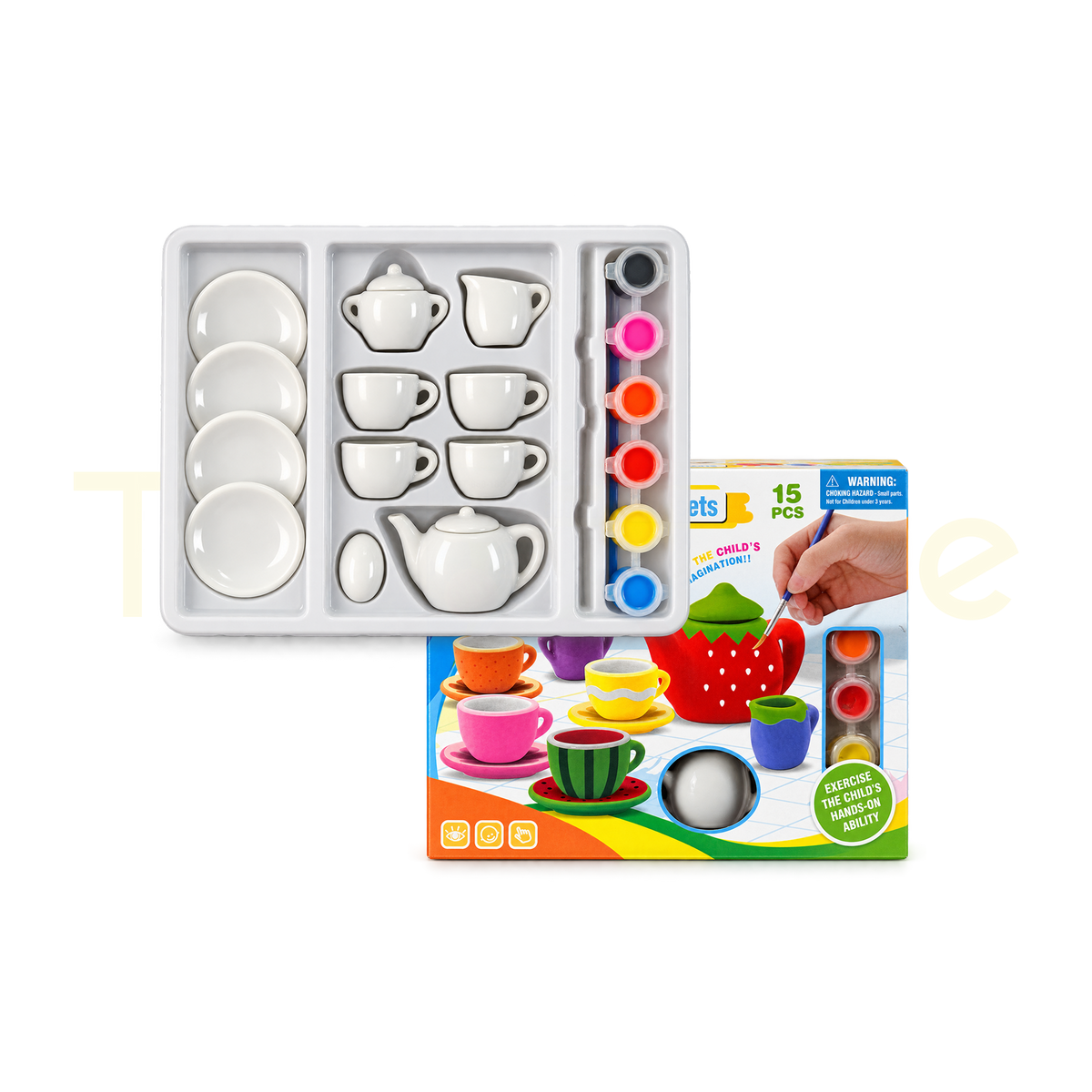 Ceramic tea set colouring kit in its product packaging