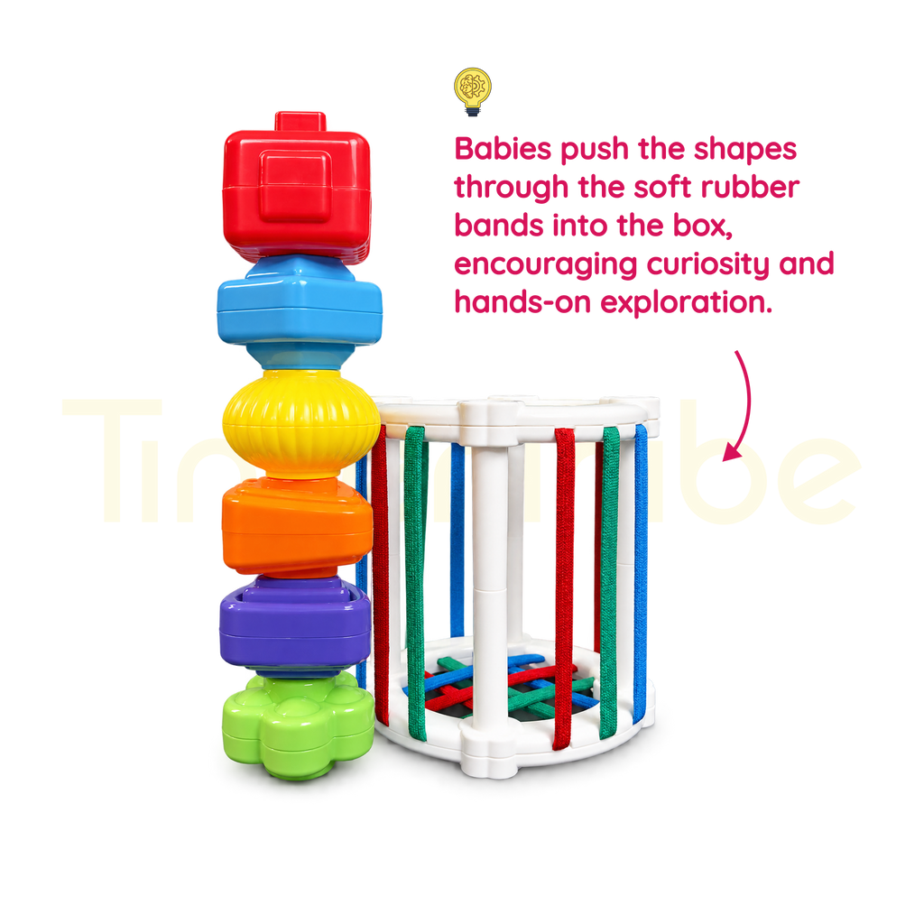 Toddler rainbow shape game for hands-on exploration through soft elastic bands