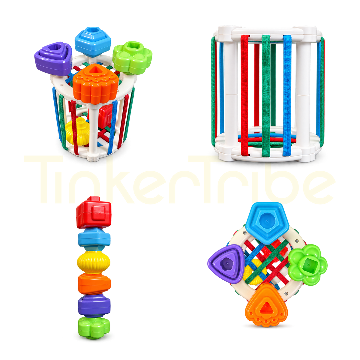 Rainbow shape sorter basket shown from multiple play angles