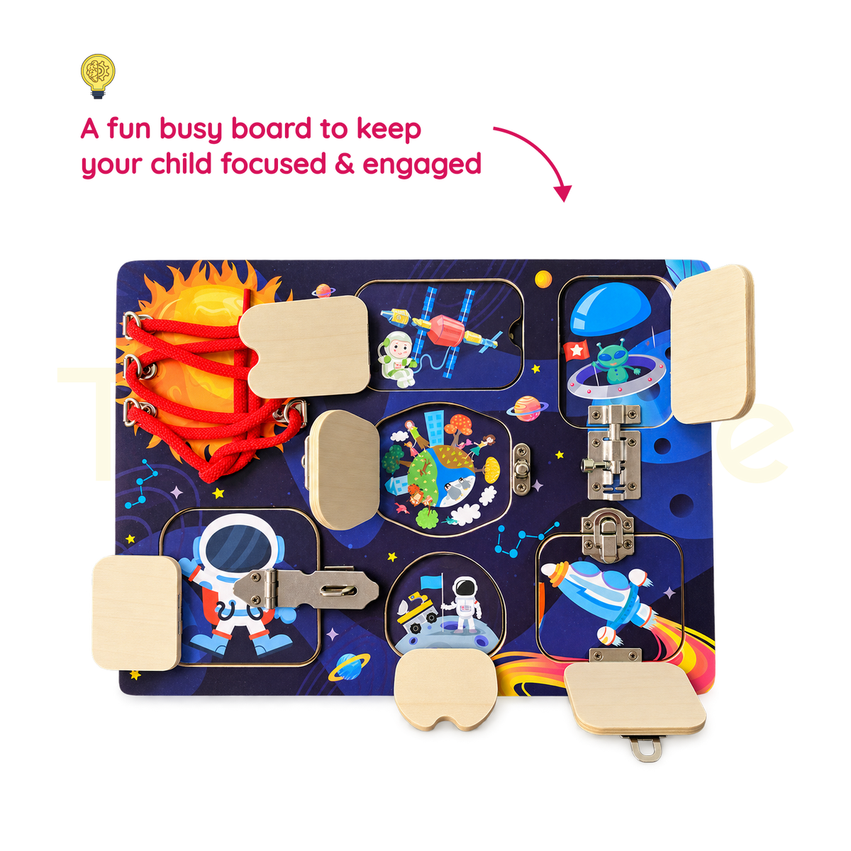 Space busy board with open doors revealing hidden illustrations