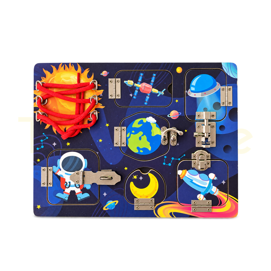 Space-themed wooden busy board with metal latches, hinged doors and red lacing cord