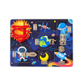 Space-themed wooden busy board with metal latches, hinged doors and red lacing cord
