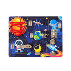 Space-themed wooden busy board with metal latches, hinged doors and red lacing cord