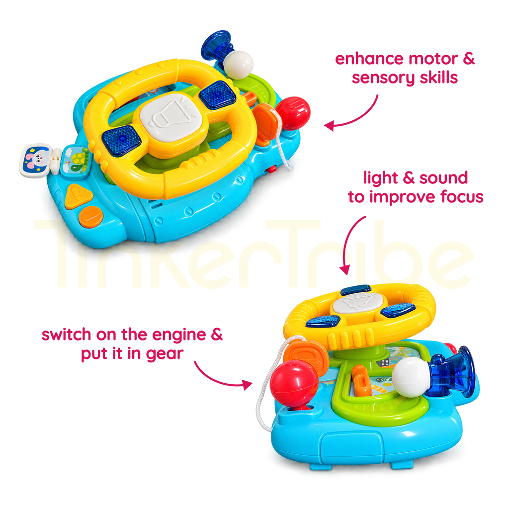 Steering wheel toy with lights, music and driving sounds